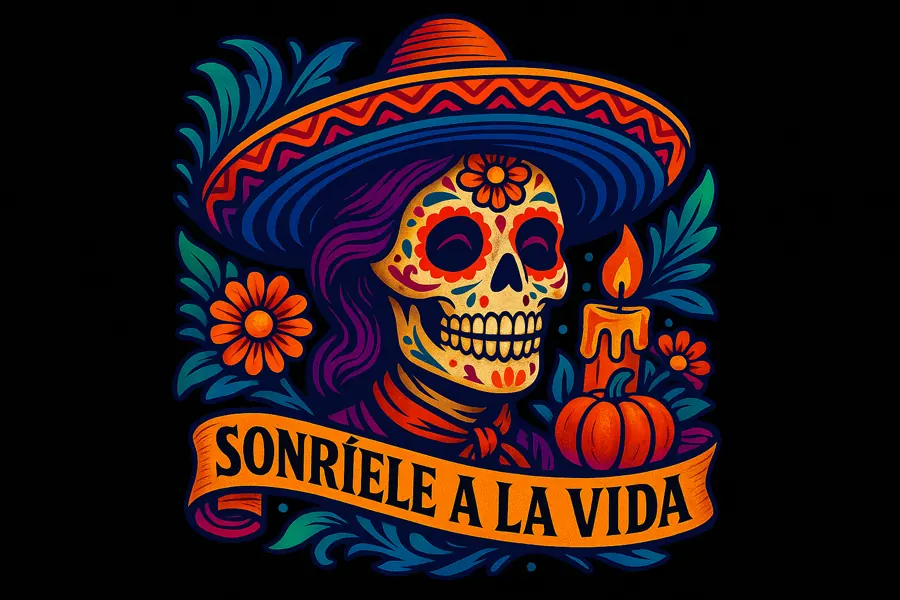 Calavera con la frase Sonríele a la vida